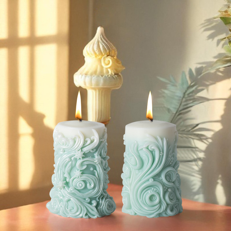 雕花圆柱香薰蜡烛硅胶模具DIY创意螺旋纹伴手礼扩香石磨具