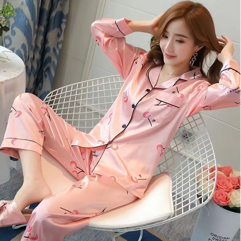奢华真丝长袖睡衣居家服套装