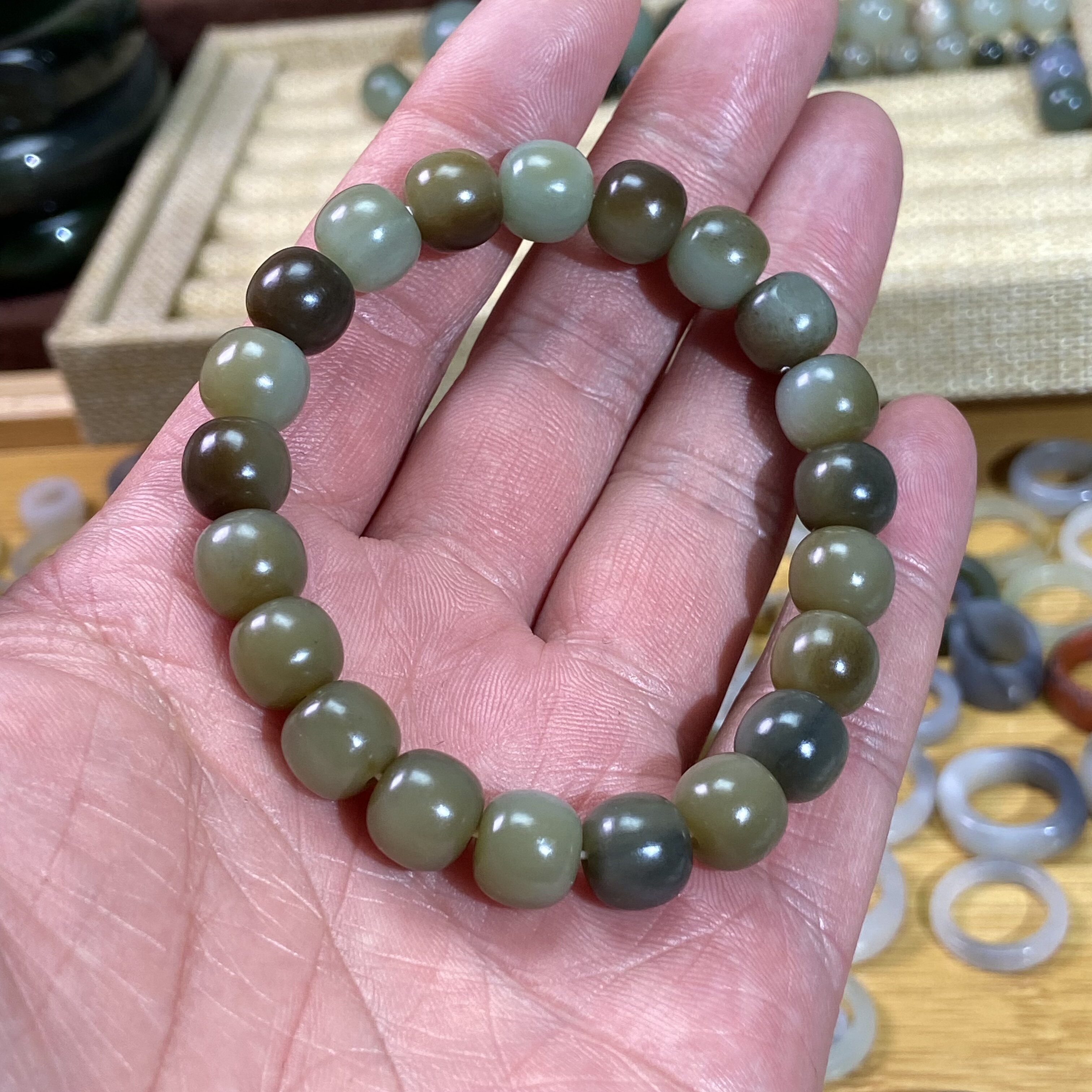 和田玉籽料楼兰三色9×10老型珠手串复古风文玩手链珠串挂饰手饰