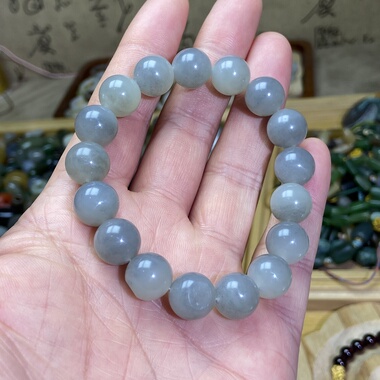 和田玉籽料卡12圆珠手串白底青花复古风单圈手链文玩珠串手饰挂饰