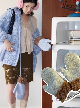 浮夸少女dayu自制圈圈毛呢baby蓝绿拼色可爱挂脖绳手套