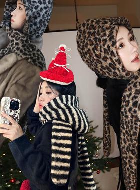 浮夸少女dayu帽子围巾一体百搭豹纹条纹围脖保暖 防风造型小能手