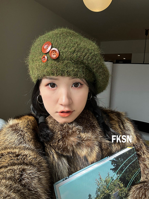 浮夸少女贝雷帽复古纽扣帽子
