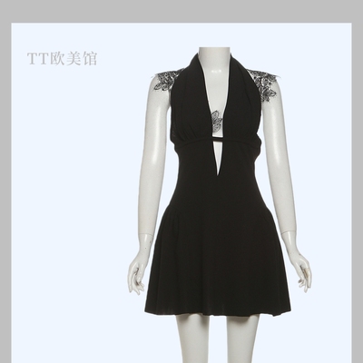 气质法式深V领挂脖连衣裙时尚新款性感大露背黑色显瘦掐腰A字裙女