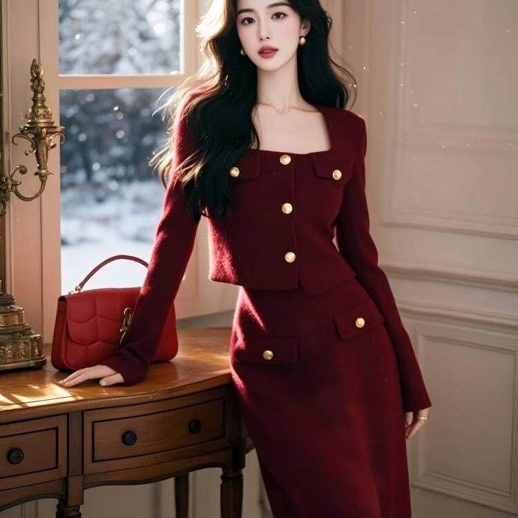 2024冬季爆款女装时髦洋气小香风新年圣诞红色针织毛衣半身裙套装,女装/女士精品,时尚套装,淘宝优惠券,粉丝福利购,淘宝优惠卷