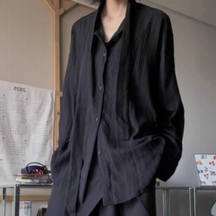 山本暗黑风无性别高级感复古小众镂空肌理感飘带长袖外搭宽松衬衫