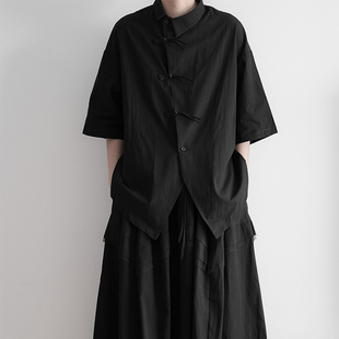 山本耀司暗黑系衬衫女新中式无性别短袖不规则黑色山本风女装上衣