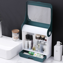 家用化妆品收纳盒壁挂式免打孔防尘卫生间挂墙上浴室带镜子置物架