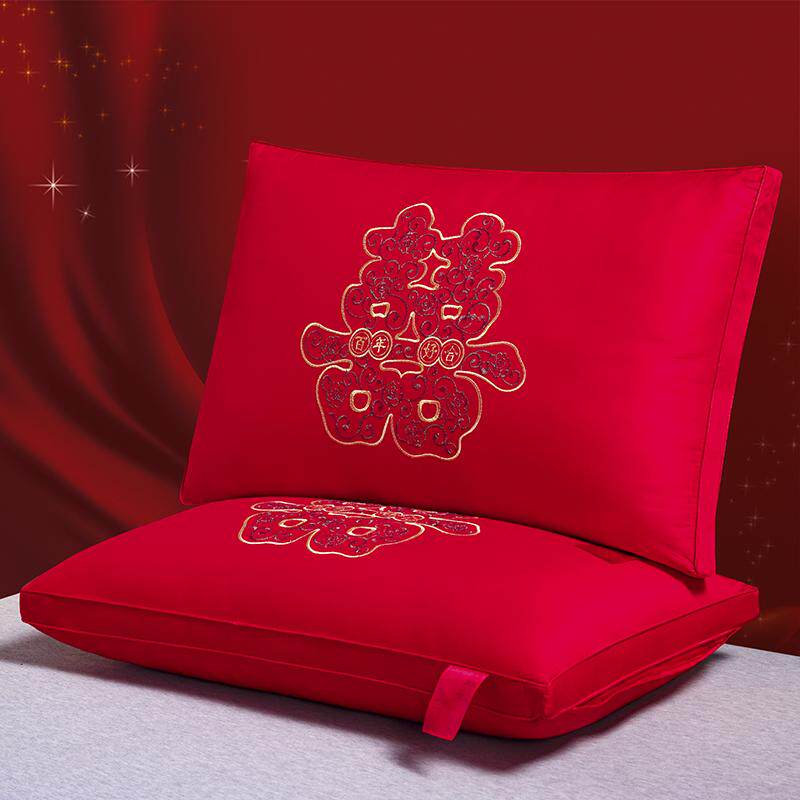 结婚枕头大红色立体刺绣婚房枕芯