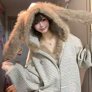 美式条纹棉服女冬季新款兔耳朵宽松oversize连帽加厚宽松棉衣外套