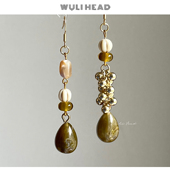 栗秋复古调水滴耳环耳夹 原创设计不对称长款 无厘头 森系琥珀