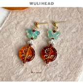 知秋系列 无厘头 原创薄荷琥珀蝴蝶复古琥珀色描金耳钉环耳夹