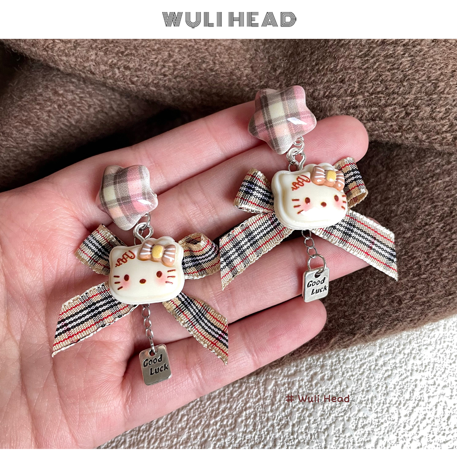 helloKitty格纹蝴蝶结星星耳环