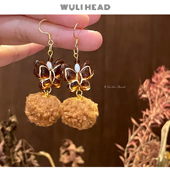 琥珀蝴蝶毛球 无厘头 秋冬复古原创深咖氛围感耳钉耳环耳夹