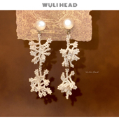 原创白雪松串珠氛围感耳环耳夹 长款 无厘头 冬日雾凇