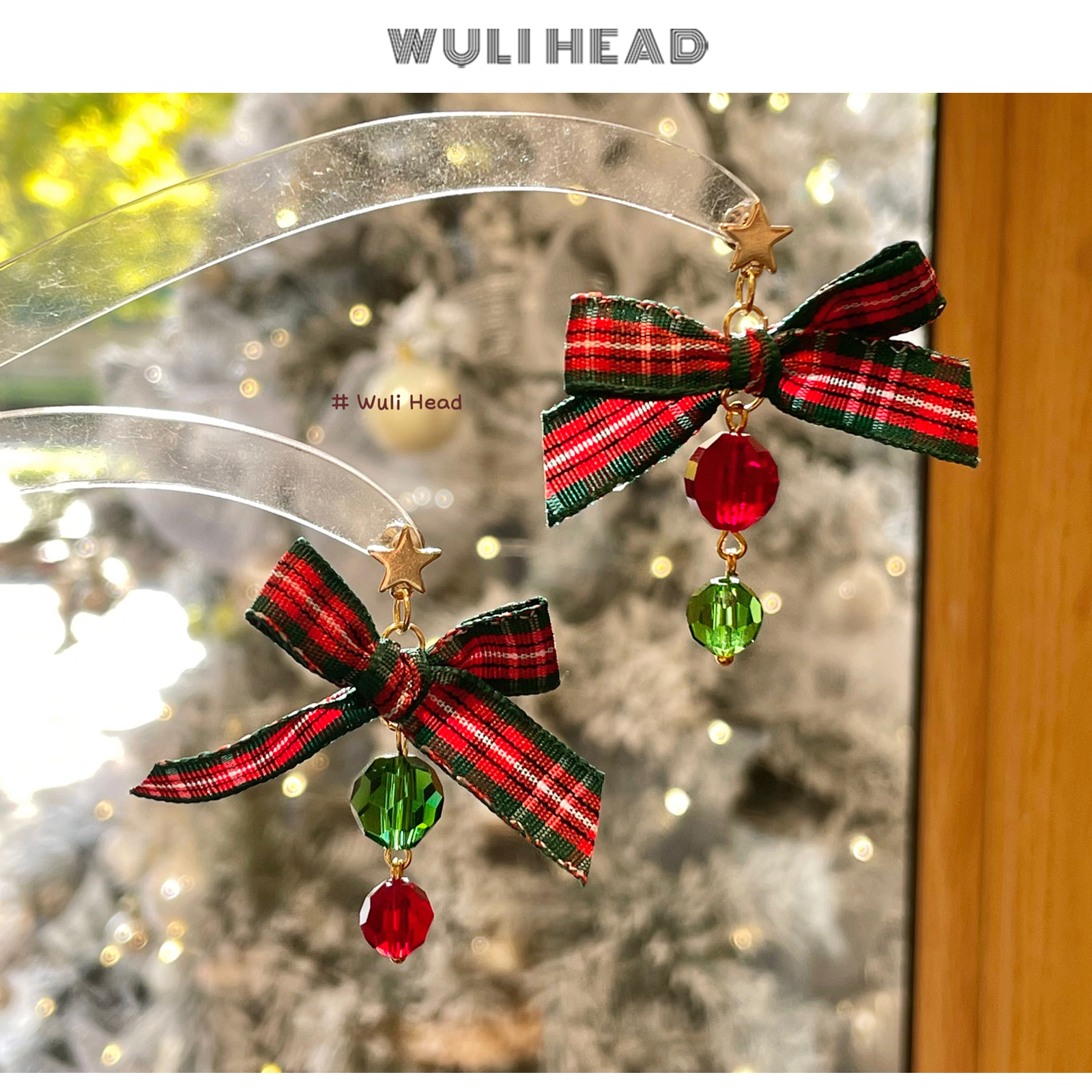 圣诞红绿格纹蝴蝶结水晶珠耳环
