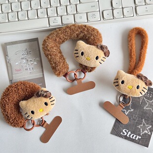 秋冬咖啡毛茸茸手腕带可爱KT毛绒暖和手机挂绳挂件饰品手提绳