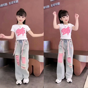 女童夏季短袖套装2026新款儿童时髦破洞时尚中大童牛仔裤两件套潮