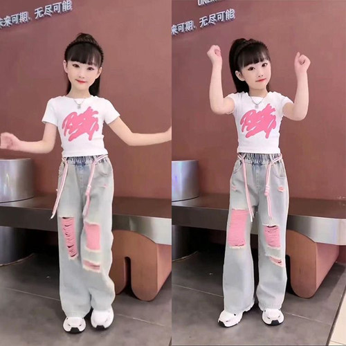 女童夏季短袖套装2026新款儿童时髦破洞时尚中大童牛仔裤两件套潮