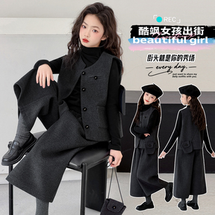 女童毛呢马甲套装秋冬装2026新款女大童新年拜年服冬季毛衣三件套