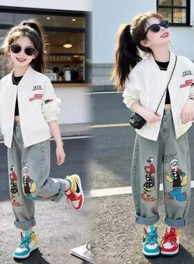 女童春秋棒球服2026新款卡通印花两件套时髦洋气中大童休闲套装潮