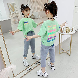 夏季 2024新款 韩系网红洋气中大童装 女童套装 牛仔运动裤 子两件夏装