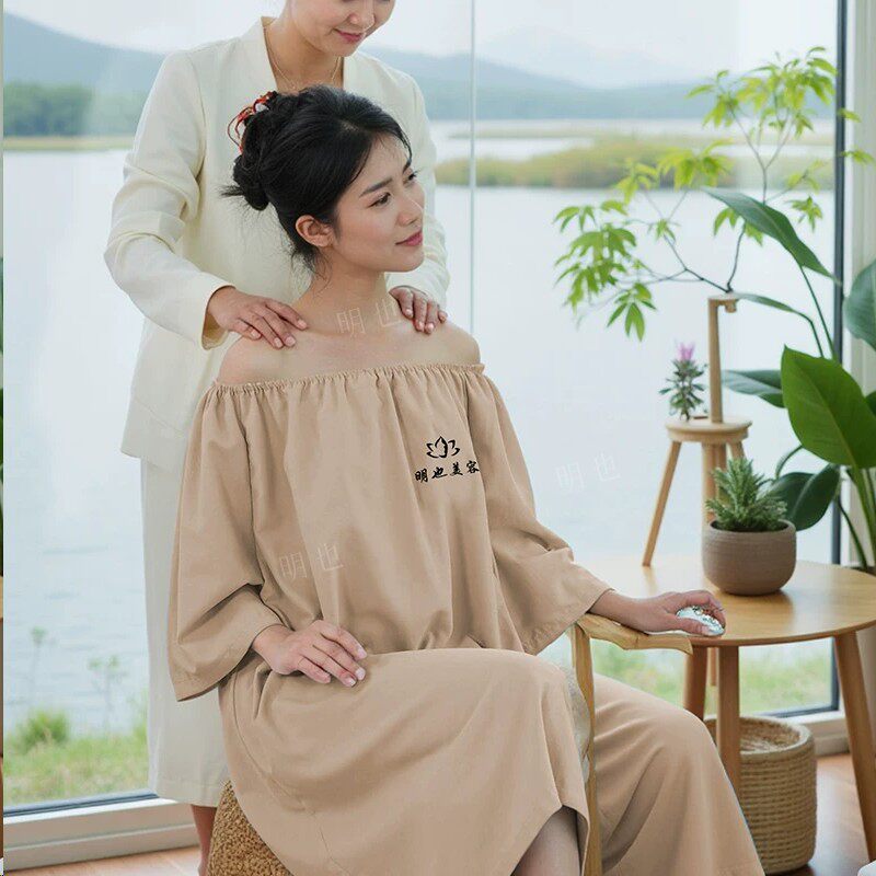 美容院专用按摩服浴裙莫奈棉纯色汗蒸服头疗一字肩宽松开背理疗服