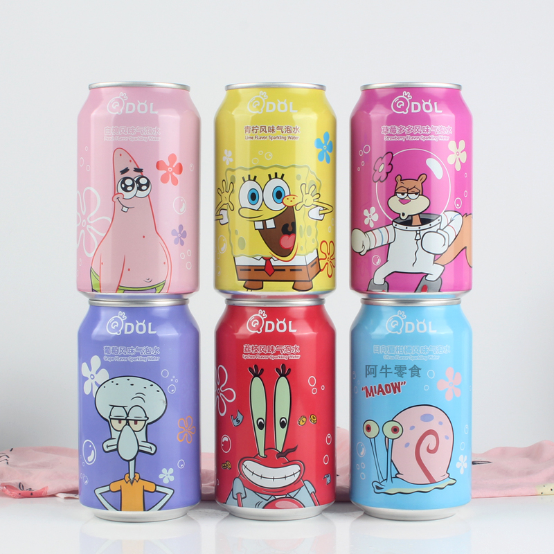 QDOL海绵宝宝派大星联名款青柠味白桃味气泡水碳酸网红饮料330ml