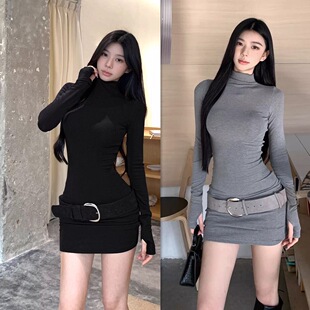 秋冬磨毛莫代尔辣妹连衣裙腰带两件套半高领紧身包臀裙长袖打底女