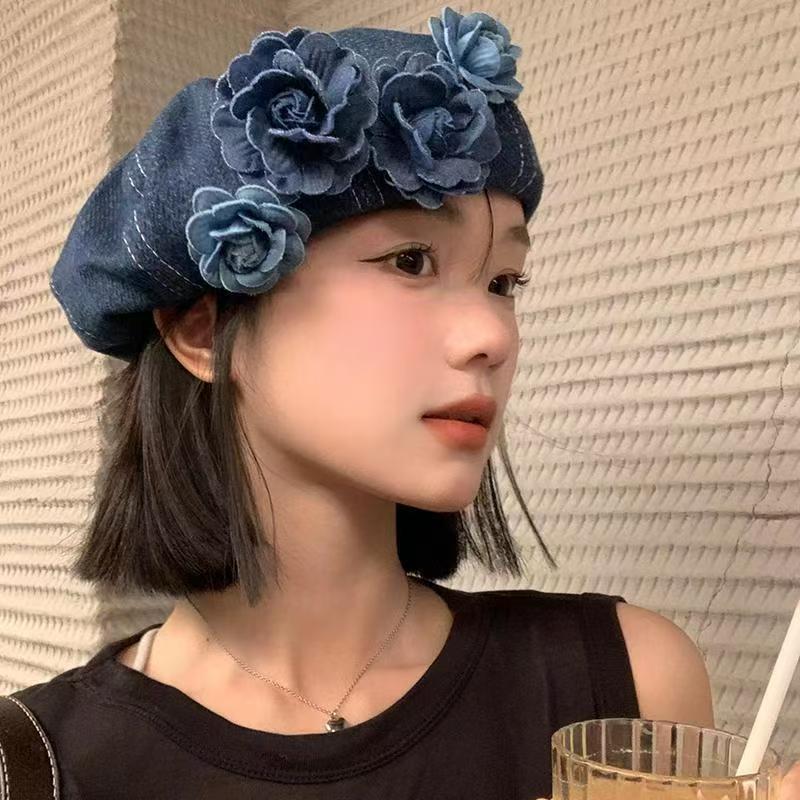 日系2026夏季小众撞色立体花朵牛仔贝雷帽子女潮时髦显脸小帽新款