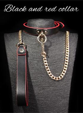 黑红颈链牵引链项圈道具PU调教脖套另类