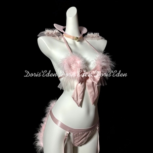 DE家·软萌猫咪·纯欲可爱三点式 猫女郎毛毛蝴蝶结qqny 内衣套装