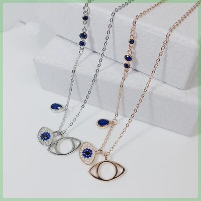 S925纯银恶魔之眼项链女蓝色吊坠简约气质百搭玫瑰金锁骨链送朋友