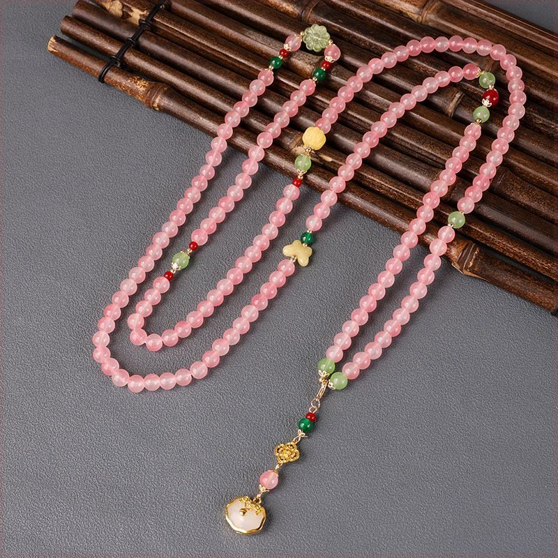 新中式国风项链女长款软璎珞马面裙配饰新款毛衣链粉色斜挎链串珠