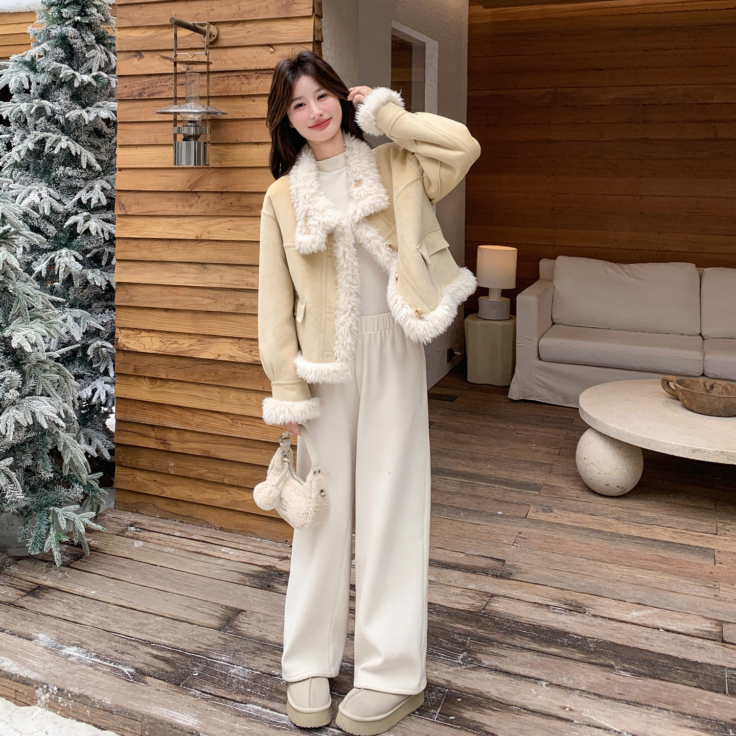 冬季女装奶黄色两面穿皮毛一体羊羔毛外套