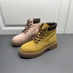 断码处理真皮女鞋2023年秋季新款休闲时尚户外牛筋底系带马丁靴女