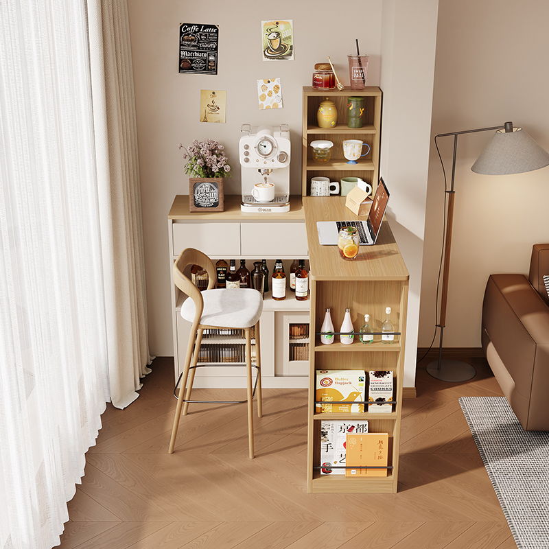 小户型阳台休闲吧台桌家用可伸缩岛台餐边柜一体实木定制客厅隔断