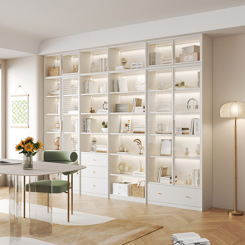 依雪奶油风实木定制书柜落地书架