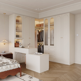 全屋定制奶油风衣柜卧室家用衣帽间伸缩梳妆台一体转角收纳储物柜