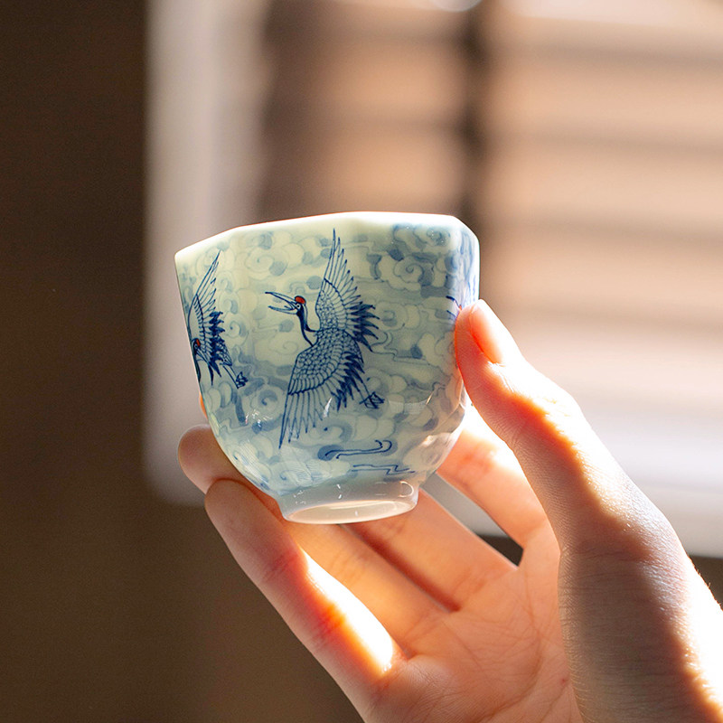 一思堂功夫茶杯景德镇柴窑青花手绘六鹤同春功夫品茗杯单杯个人杯