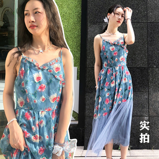 熟了梅子法式复古裙过膝吊带女森系雪纺碎花连衣裙夏网纱拼接新款