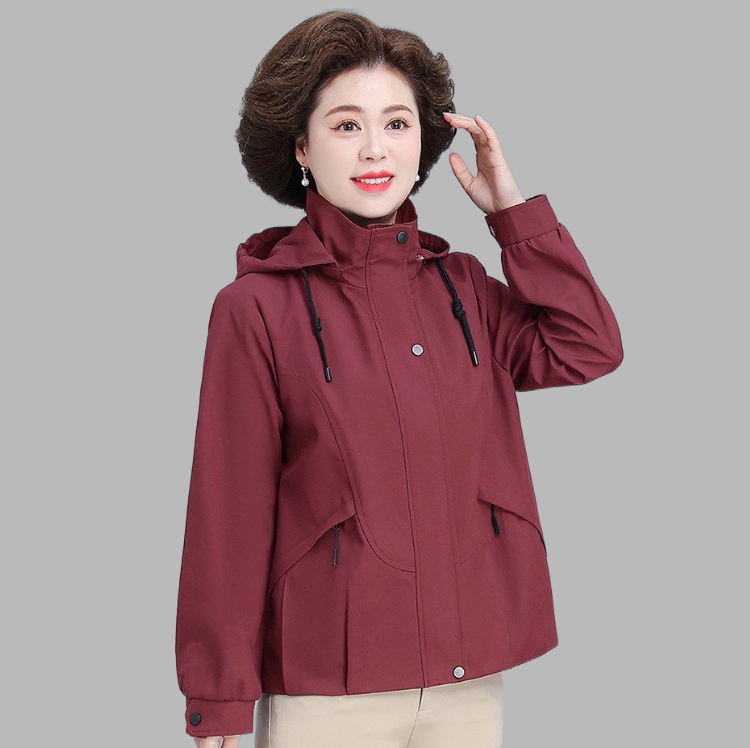 高档妈妈春装连帽外套短款中年纯色上衣宽松中老年女春季夹克