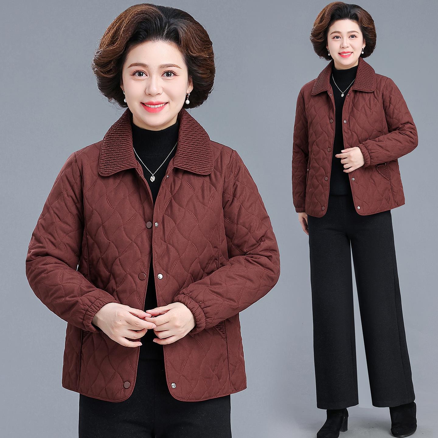 老年妈妈冬款夹棉外套中老年女装秋冬翻领轻薄棉服上衣休闲60岁70