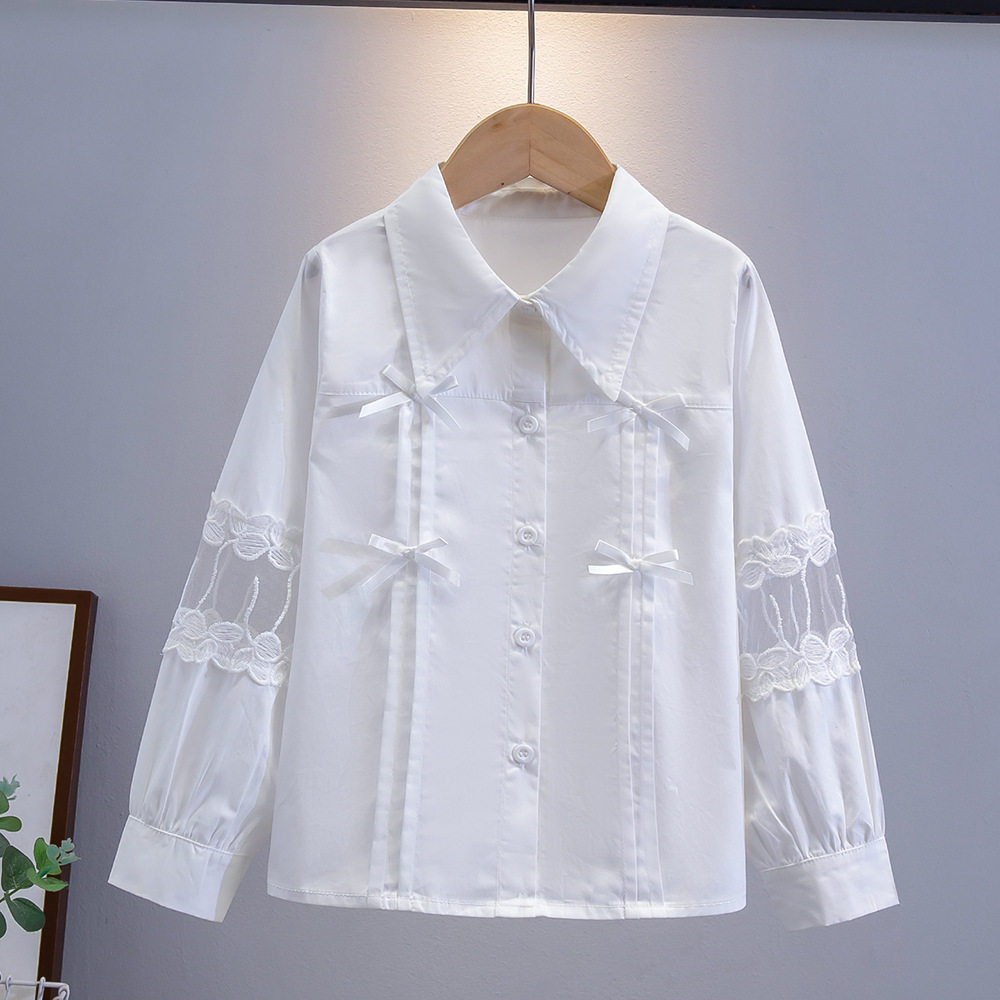 女童白衬衫春秋薄款长袖娃娃领蝴蝶结蕾丝纯棉学生班服洋气