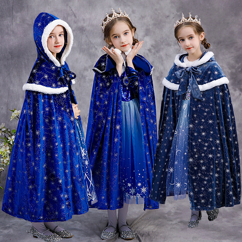 新款女童冰雪奇缘斗篷披风抗寒爱莎公主韩国绒印花披肩加绒加厚