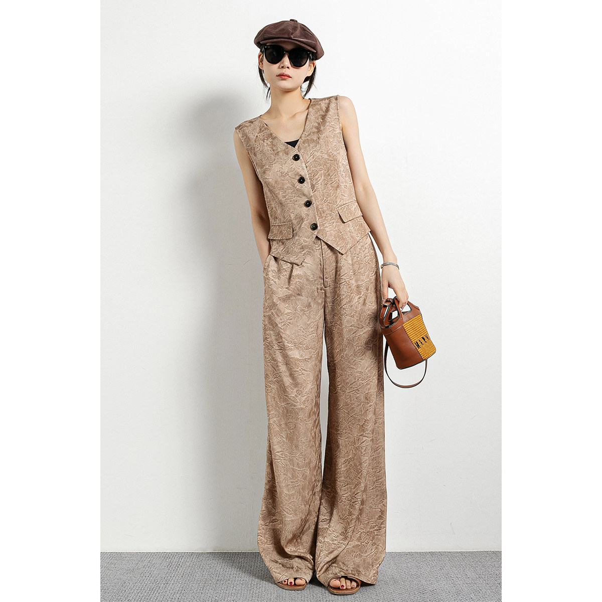 清仓|高级感提花 薄款卡其色马甲长裤套装女夏季2026新款两件套