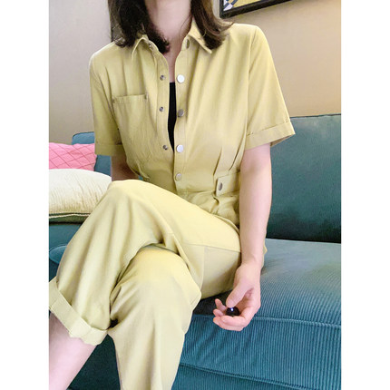 版型超正！篙级断货王2026款奶油黄工装风九分裤收腰显瘦连体裤女