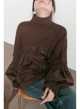 TidePA | chill松弛感 娃娃款美拉德深棕色假两件拼接高领毛衣女