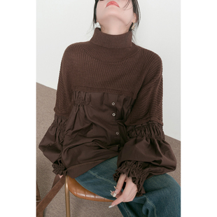 美拉德深棕色假两件拼接高领毛衣女 娃娃款 TidePA chill松弛感