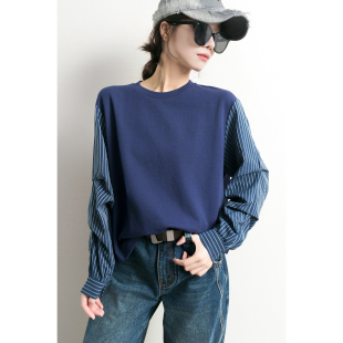 袖 周末休闲压褶条纹衬衫 拼接蓝色T恤女上衣 清冷chill TidePA